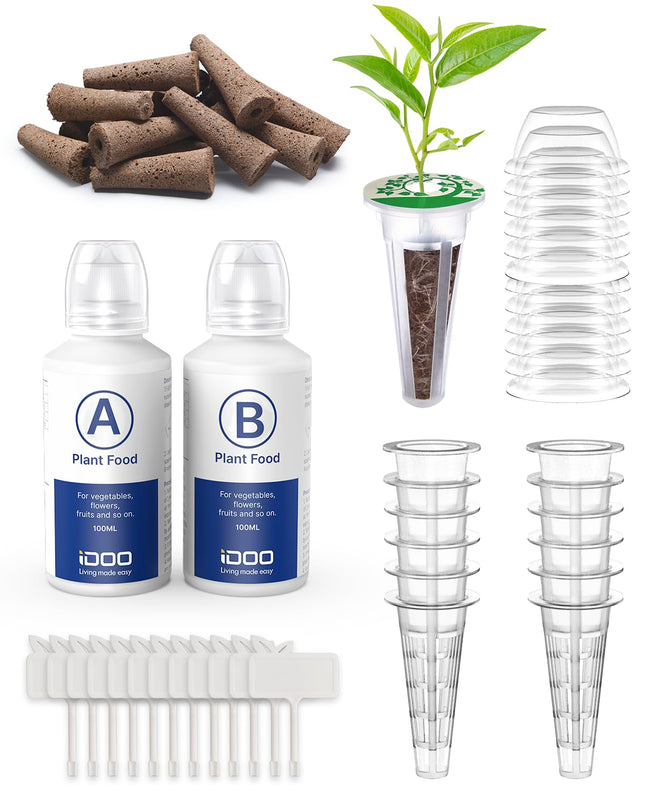 iDOO Replacement Hydroponic Growing Accessories, 12 Grow Sponges, 12 Basket Sets, 12 Label Cards, 12 Domes and A &amp; B Solid Nutrient for Hydroponic Growing System