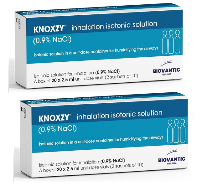 KNOXZY Sterile Isotonic Saline Solution 0.9% – Sodium Chloride NaCl – Inhalation Saline Solution for Airway Humidification – 20 x 2.5 ml Unit-Dose Vials (2-Pack)