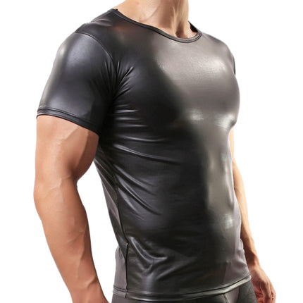Crongless Men's Sexy T-Shirt, Patent Leather Short Sleeve Wetlook Top Undershirt Fitness Latex Shirts Tank Top Slim Fit (M)