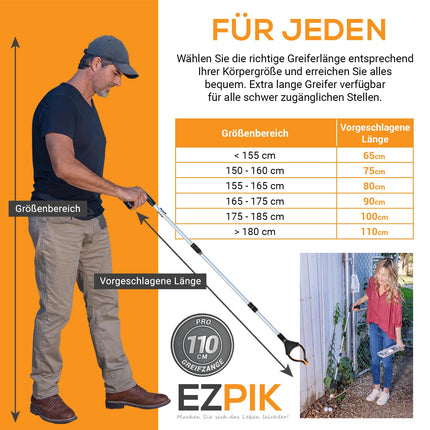 EZPIK 1 x 110 cm Grabber for Seniors with Magnetic Grabber Arm, Robust Grabber for Seniors and People with Disabilities, Rotating Garbage Grabber Tongs, Aid with Fastening Clip (1-Pack, Silver)