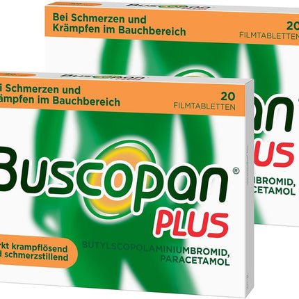 Buscopan PLUS tablets with paracetamol for abdominal pain | 2 x 20 tablets | quickly relieve severe abdominal pain and cramps | gastrointestinal disorders, period pain, stomach cramps, and cystitis