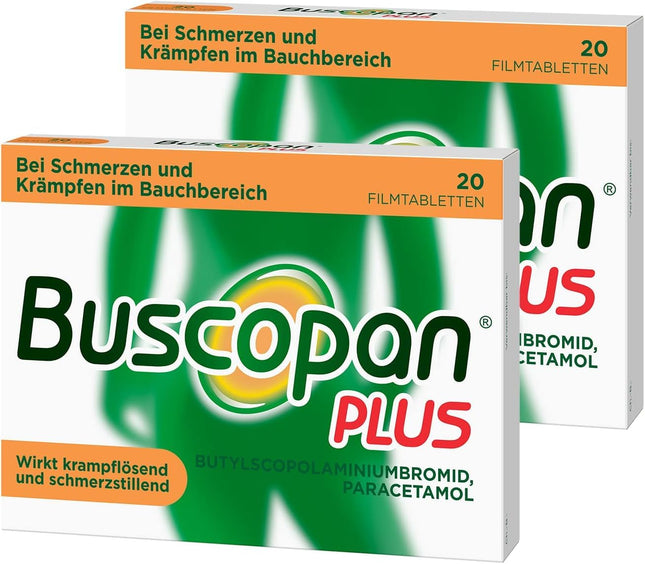 Buscopan PLUS tablets with paracetamol for abdominal pain | 2 x 20 tablets | quickly relieve severe abdominal pain and cramps | gastrointestinal disorders, period pain, stomach cramps, and cystitis