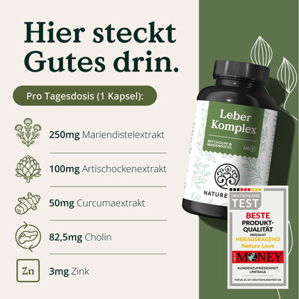 NATURE LOVE® Liver Complex - 120 Capsules - with milk thistle, choline, artichoke extract, turmeric &amp; zinc - High dosage, vegan, laboratory-tested and produced in Germany