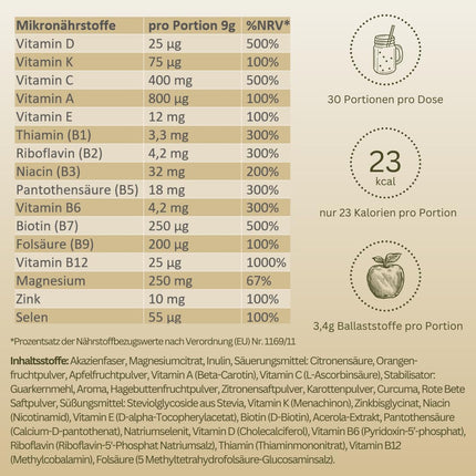 Multivitamin Powder + Magnesium, Zinc &amp; Selenium - Vitamins AZ high dose - Strengthens immune system - High-quality micronutrients - No added sugar - Vegan - Made in Germany - ACE flavor
