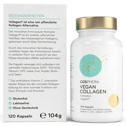 COSPHERA® Collagen Formation Hyaluron 120 Capsules vegan with Vitamin C, Biotin, OPC, Zinc &amp; Copper high dose - Vollagen® for the formation of collagen capsules 100% plant-based