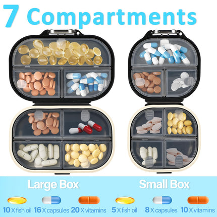 Lociban Pill Box, 2 Pack Pill Organizer, Portable Pill Box, Travel Pill Box, Medicine Box 7 Compartments, Pill Box, Tablet Dispenser for Fish Oils and Vitamins (Black)