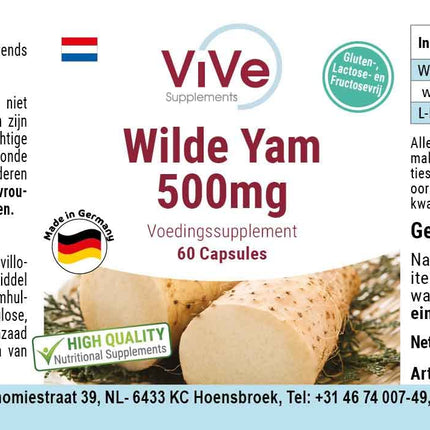 Wild Yam Extract 500 mg - 60 Capsules Wild Yam with 20% Diosgenin - High Dose and Vegan - Dioscorea villosa | Quality from Germany by ViVe Supplements