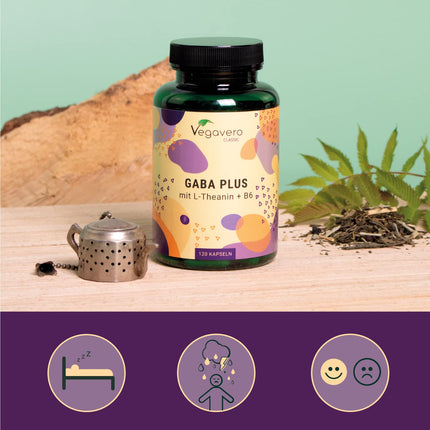Gaba Vegavero® | High Dose | 1,000 mg Gamma Aminobutyric Acid per Serving | With L-Theanine &amp; Vitamin B6 | 120 Vegan Capsules | No Additives &amp; Laboratory Tested