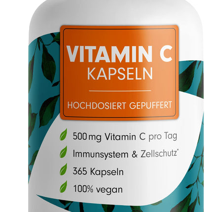 Vitamin C high-dose - 365 capsules - 500 mg buffered vitamin C - high-quality calcium ascorbate optimally dosed - no unwanted additives - laboratory-tested with certificate - one-year supply