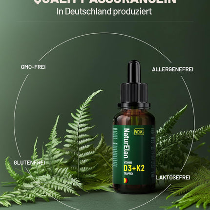 Vitamin D3 K2 high-dose drops - 50ml, 1000 IU vitamin D3 per drop, vegetarian, without additives, produced in Germany