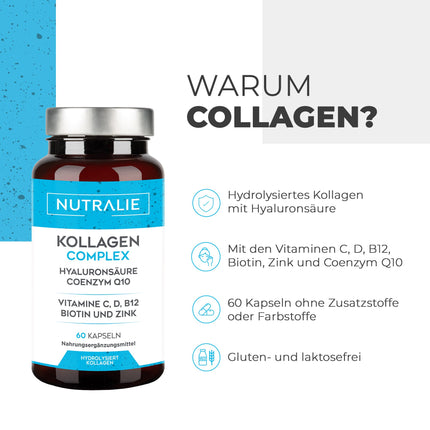Collagen Capsules Complex + Q10 Hyaluron - High Dose - Joints Skin - Biotin Vit CD B12 Zinc - Collagen Hydrolysate in 60 Capsules - Nutralie