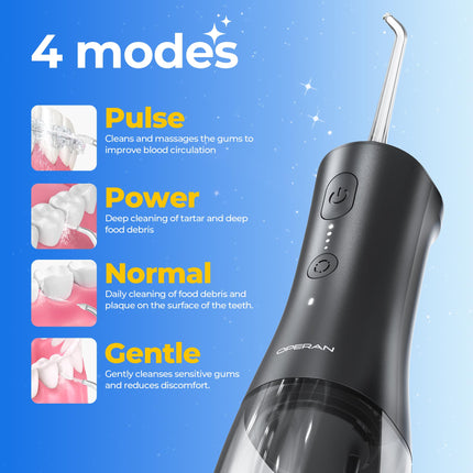 Operan Cordless Oral Irrigator, Portable Electric Dental Irrigator with 4 Modes and 4 Nozzles, 300ml Oral Irrigator, Test Winner for Removing Food Residue and Cleaning Teeth (Black, 1 Pack)