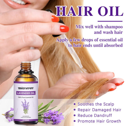 Migcaput Essential Oils Lavender Oil 100 ml, 100% Natural Essential Oils, Premium Quality Aromatherapy Essential Oil, Fragrance Oils for Diffuser, Humidifier, Relaxation, Massage, Bath