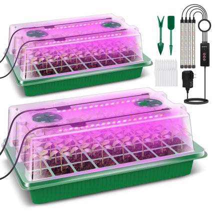 Verdenu Indoor Greenhouse Grow Box with Light Growing, 2 Pack Germination Tray Greenhouse with Humidity Dome, Adjustable Brightness Growing Greenhouse, 3 Modes, 4 Timing, Growing Kit for Indoor