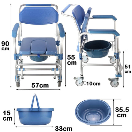 Toilet chair with wheels Shower chair with toilet for seniors Mobile toilet wheelchair with armrests Backrest and toilet bucket up to 150kg Shower chair with wheels for disabled people