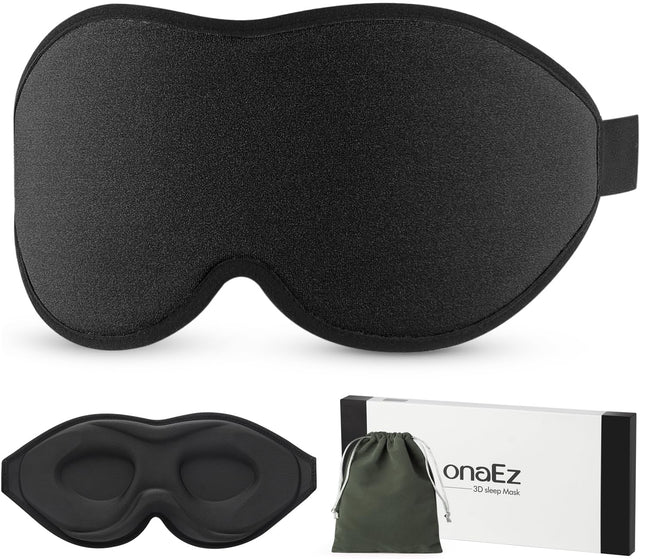 onaEz 3D Sleep Mask for Men and Women, 2024 Total Light Blocking Eye Mask, 12mm Recessed Eye Sockets &amp; Raised Nose Pads, Ice Silk Sleep Mask for Travel, Naps, Black
