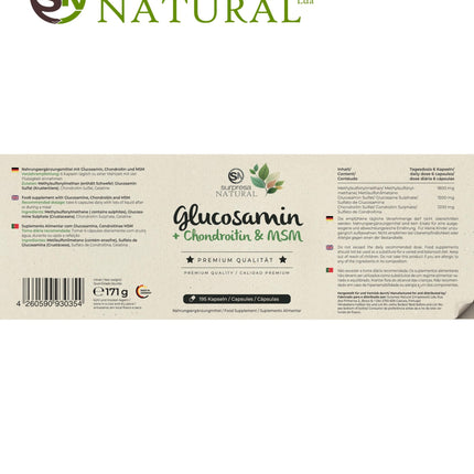 Surpresa Natural Glucosamine Chondroitin &amp; MSM Capsules High Dose I 3 x 195 Capsules I 4500 mg per daily dose I Dietary supplement without additives &amp; laboratory tested I 1 month supply