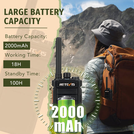 Retevis RB626 Walkie Talkies for Adults, 2000 mAh Rechargeable Two-Way Radio, 16 Channels, USB Charger, VOX, Portable Walkie Talkie for Hunting, Camping (1 Pack)