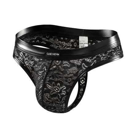 Casey Kevin String Tanga Men's Lace Thong Men Mesh Transparent PU Leather Underwear Wetlook G-String T-Back Bikini