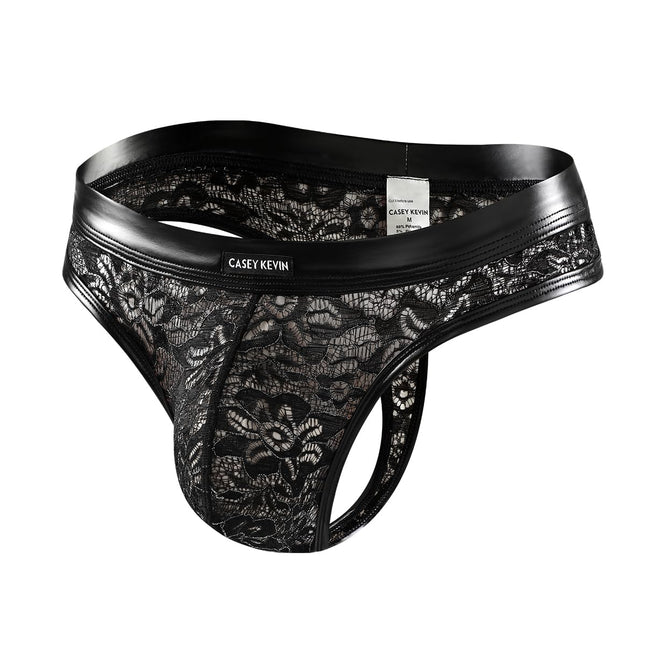 Casey Kevin String Tanga Men's Lace Thong Men Mesh Transparent PU Leather Underwear Wetlook G-String T-Back Bikini