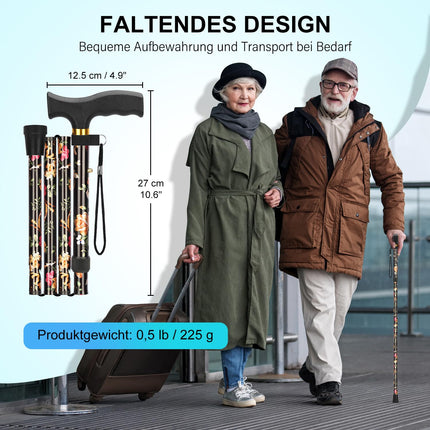 supregear Foldable Walking Stick - Folding Walking Stick, Height-Adjustable Walking Stick, Flexible Lightweight Travel Stick, Collapsible Walking Aid for Balance, for Men and Women, Black Flowers