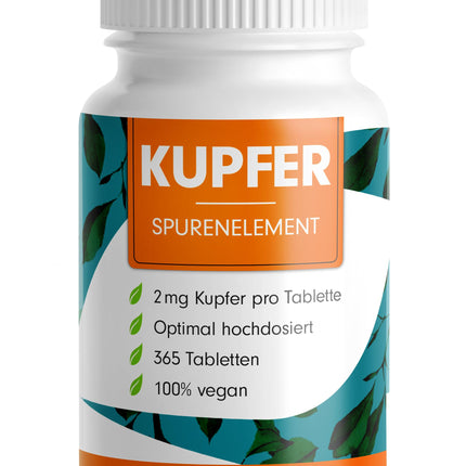 Copper tablets 365x with 2 mg copper from high-quality copper bisglycinate – optimally high dosage – free from unwanted additives – laboratory-tested with certificate – one-year supply – 100% vegan