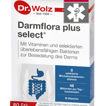 Dr. Wolz Darmflora plus select* - 80 high-dose capsules - 8 lactic acid bacteria strains - 48 billion bacterial cultures per day - Culture complex for intestinal mucosa &amp; immune system - Intestinal treatment* - vegan