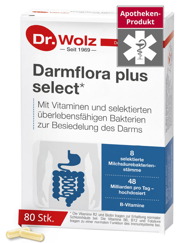 Dr. Wolz Darmflora plus select* - 80 high-dose capsules - 8 lactic acid bacteria strains - 48 billion bacterial cultures per day - Culture complex for intestinal mucosa &amp; immune system - Intestinal treatment* - vegan