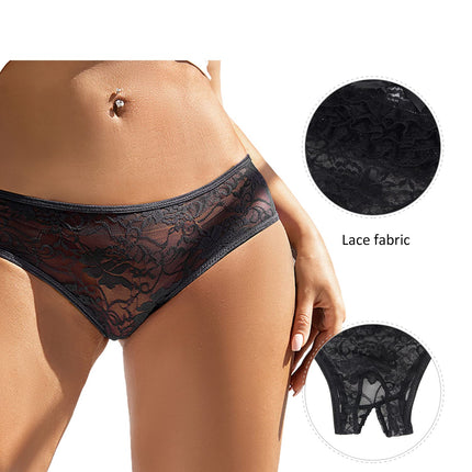 ohyeahlady String Thong Women's Sexy Lingerie Open Crotch Lace Briefs Large Sizes Panty Hipster Panties Ouvert Underwear Soft Floral Hole Underpants Black, M