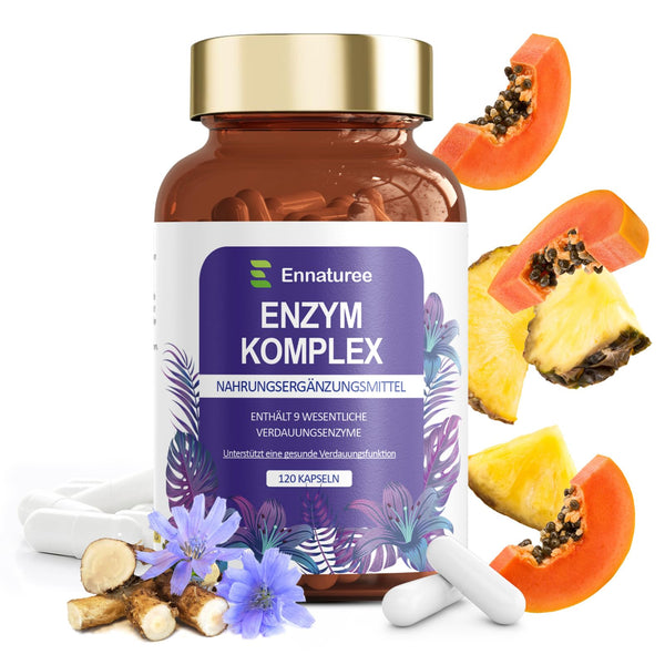 9 digestive enzymes with bromelain, papain, amylase, protease, lactase, lipase, celulase, glucoamylase, maltase – enzyme complex with inulin for digestion and immune system, 120 vegan capsules