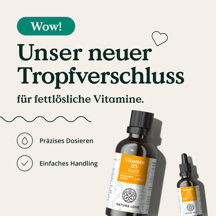NATURE LOVE® Vitamin D3 5000 (50ml liquid) - Laboratory-tested 5000 IU per drop - in MCT oil from coconut - Highly dosed vitamin D - Highly bioavailable, very high stability - Produced in Germany