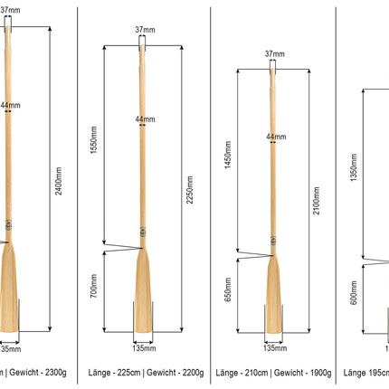 John Paddle Set: 1 pair (2 pieces) paddles 195cm-240 cm, 1 pair (2 pieces) stainless steel oarlocks and 1 pair (2 pieces) 45 mm cuffs (rowing with oarlocks and cuffs, 195cm)