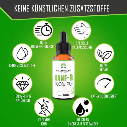 NATURFREUND® Premium Hemp Oil HIGH DOSE Hemp Seed Oil Omega 3-6-9 Oil Fatty Acids Natural Oil - Made in Germany - 10ml