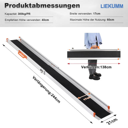 LIEKUMM 2 x 138-244 cm wheelchair ramp, 300 kg load capacity wheelchair ramp for home, steps, curbs, robust telescopic ramp for electric wheelchairs, bicycles