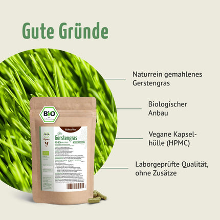 Barley Grass Capsules Organic Refill Pack 400 Capsules | 3000 mg per daily dose | Finely ground barley grass in capsule format | From controlled organic cultivation | No additives | From Achterhof