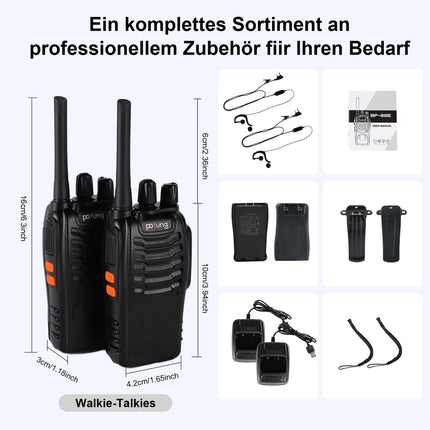 pofung Walkie Talkie Professional Radios PMR446 baofeng Talkies 88E/888S Handheld Toy Radio, Walkie Talkie with LED Flashlight &amp; Headset USB Connection (2 pieces), 94*45*30mm, black