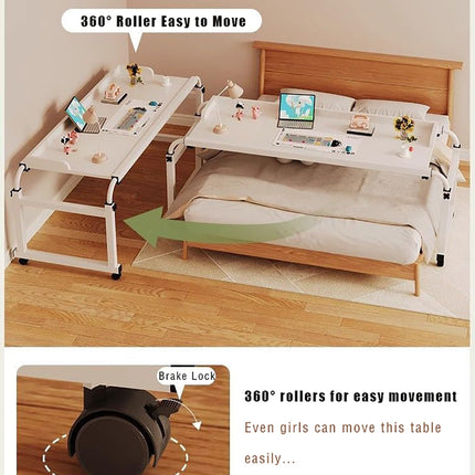 MEYEBP Bedtable Overbed Table with Wheels, Height Adjustable Table Over the Bed Table King Size, Rolling Desk Over Bed, King Beds Rolling Medical Bed Desk for Hospital and Home