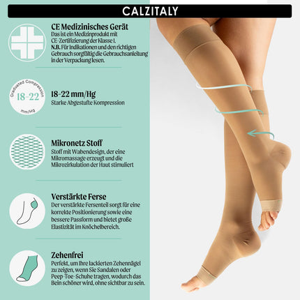 CALZITALY PACK 1/2 Toeless Support Stockings with Strong Graduated Compression 18-22 mm/Hg | Open Toe Compression Stockings | 140 DEN | Made in Italy (2 Pack - Skin Color, L/XL)