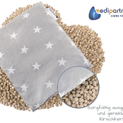 Medi Partners Cherry Stone Pillow Grain Pillow Large Heat Pillow 500g Rectangle 20x25cm Eco Natural 100% Cotton Heat + Cold Therapy Massage Therapy (White Stars with Grey)