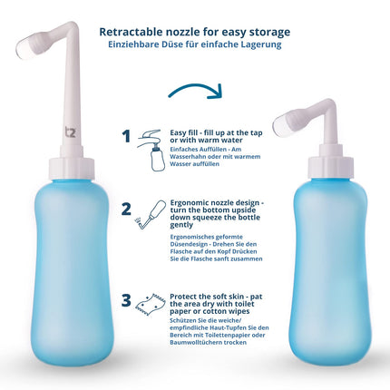 T2 Peri-Bottle - Portable Bidet for Postpartum Care, Perineal Pain Relief - 450 ml Squeeze Bottle with 60° Angle Nozzle, Washable Storage Bag - For Hospital, Pregnancy
