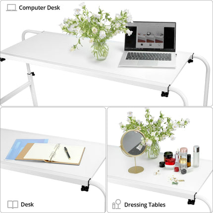 QWORK® Height and width adjustable over-bed table on castors, side table bed ideal for home and office, multifunctional as a side table, bedside table, desk