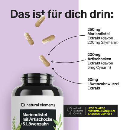 Milk Thistle Artichoke Dandelion Complex - 120 Capsules - Highly dosed with 80% silymarin - Without magnesium stearate, vegan and produced in Germany
