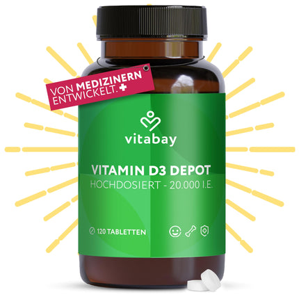 Vitabay Vitamin D3 Depot 20,000 IU - 120 Vegan Tablets High Dose &amp; Vegan - No Additives - Contributes to supporting the immune system and maintaining normal bones