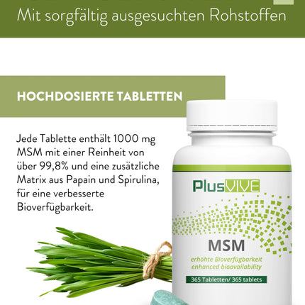PlusVive MSM tablets high dose | 1 x 365 tablets | 1000mg MSM with 99.8% purity per tablet | MSM capsules with papain &amp; spirulina | Dietary supplement vegan &amp; laboratory-tested