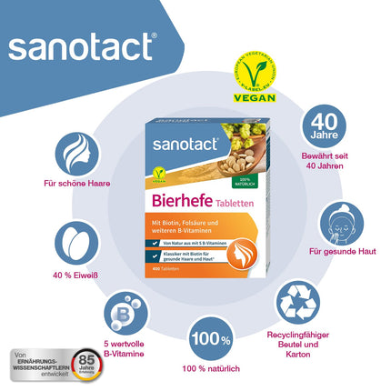 sanotact Brewer's Yeast Tablets (400 Tablets) • 100% natural brewer's yeast, vegan • With biotin for beautiful hair &amp; healthy skin • 6 B vitamins • Also suitable for dogs • Yeast tablets