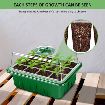 YAUNGEL Indoor Greenhouse Propagator, 12 Pack 144 Cells Mini Greenhouse Propagation Set Seedling Starter Trays Greenhouse Propagation Tray with Lid and Ventilation for Seedling Plant, Green
