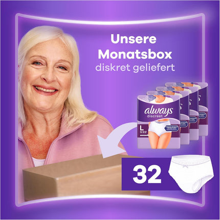 Always Discreet Incontinence Panties Plus for Women, L, 32 Panties, Prevents Leakage and Odors, Comfortable and Barely Noticeable