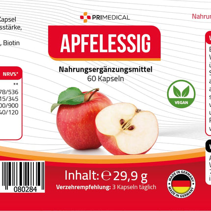 APPLE CIDER VINEGAR CAPSULES vegan with vitamin B6, vitamin B12, folic acid and biotin Primedical 1 x 60 capsules