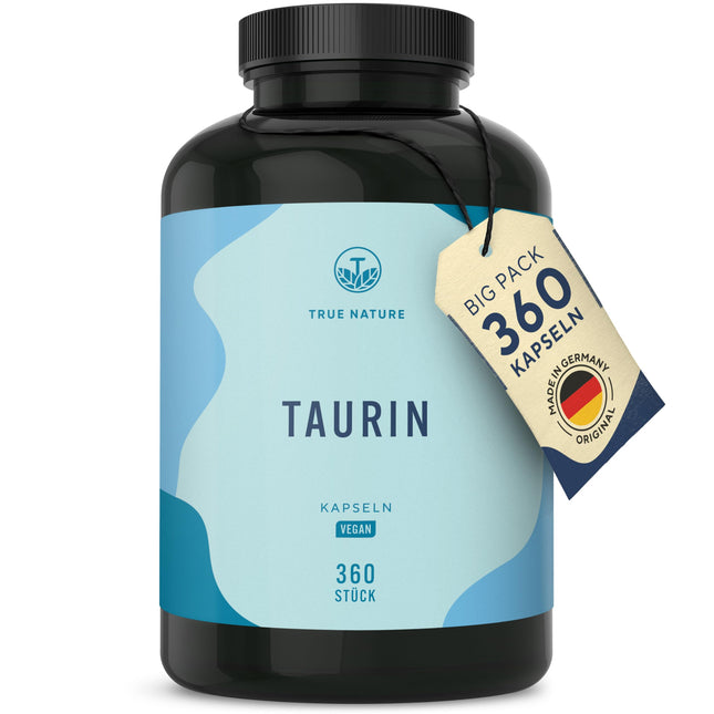 Taurine Capsules - 2000mg Taurine Daily Dose - 360 Capsules: Big Pack - 6 Month Supply - Pre-Workout Booster without Caffeine - Vegan, No Artificial Additives - German Production - TRUE NATURE