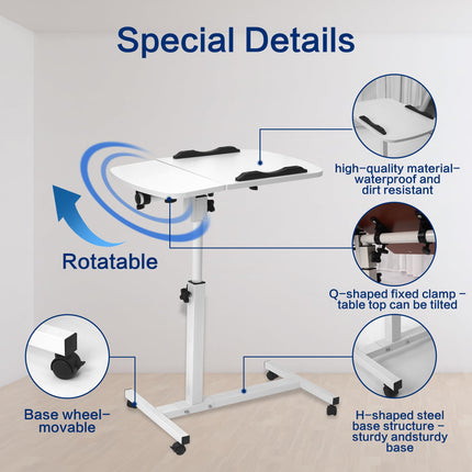mosegor Mobile Side Table Height-Adjustable Nursing Table for Bed with 4 Casters, 60×40cm Laptop Table, Rotating Overbed Table for Living Room, Bedroom, Office, Bed, Sofa, Max. 20KG, White